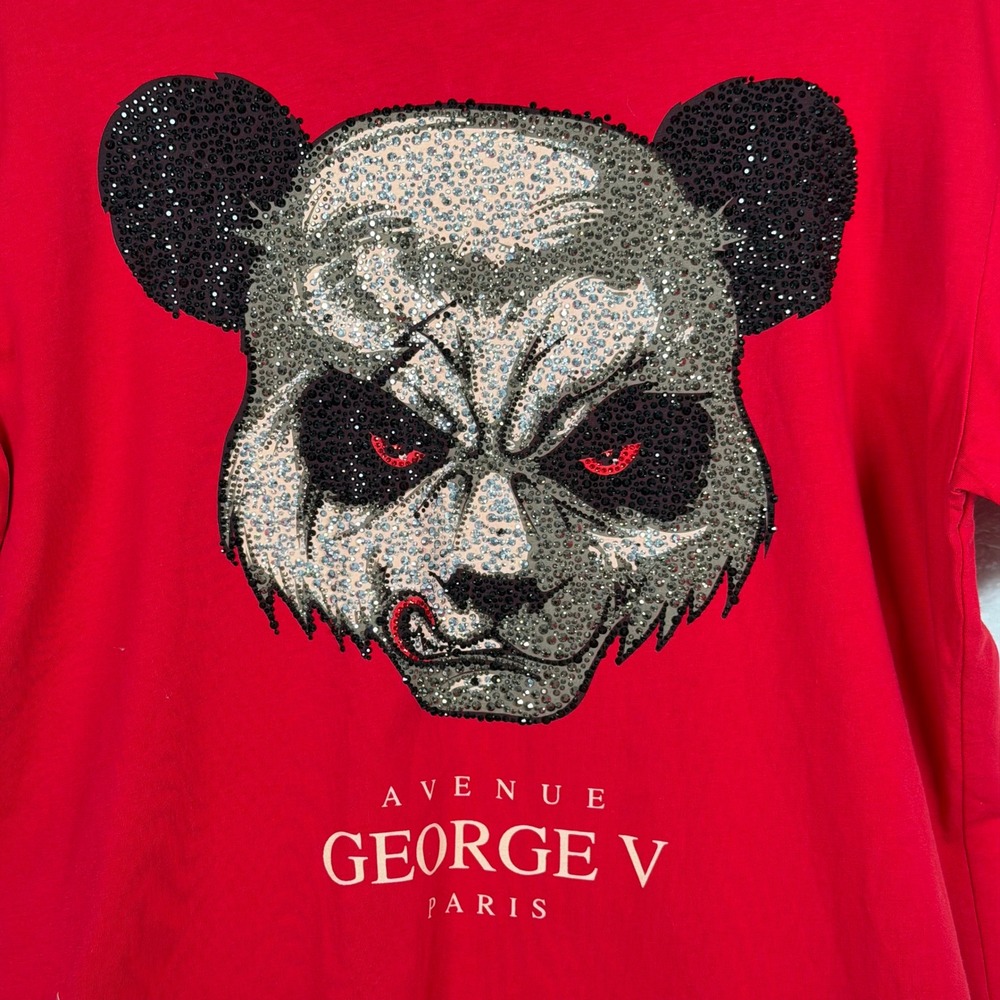 Avenue George‎ V T-Shirt Mens Large Red Streetwear Rhinestone Panda Graphic Tee